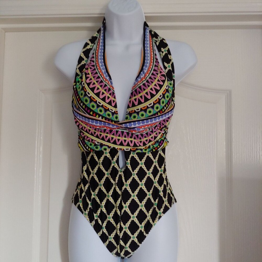 Trina Turk Multi Color Ruched With Sash that Ties in Back Criss Cross Straps 4